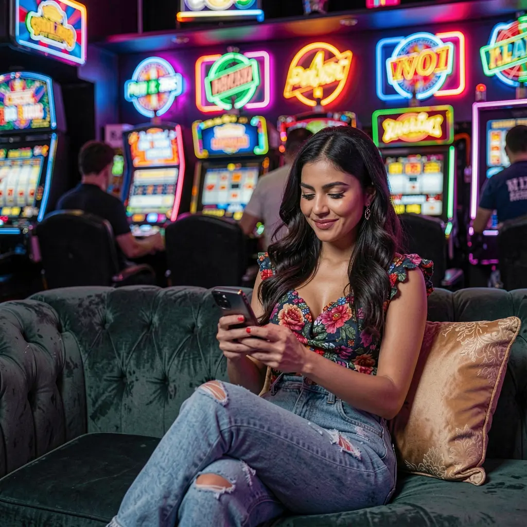 MYVO App – Enjoy a smooth and stylish mobile casino experience in Mexico Mexican woman relaxing on a sofa while using the MYVO casino app surrounded by glowing neon casino symbols in a modern gaming atmosphere