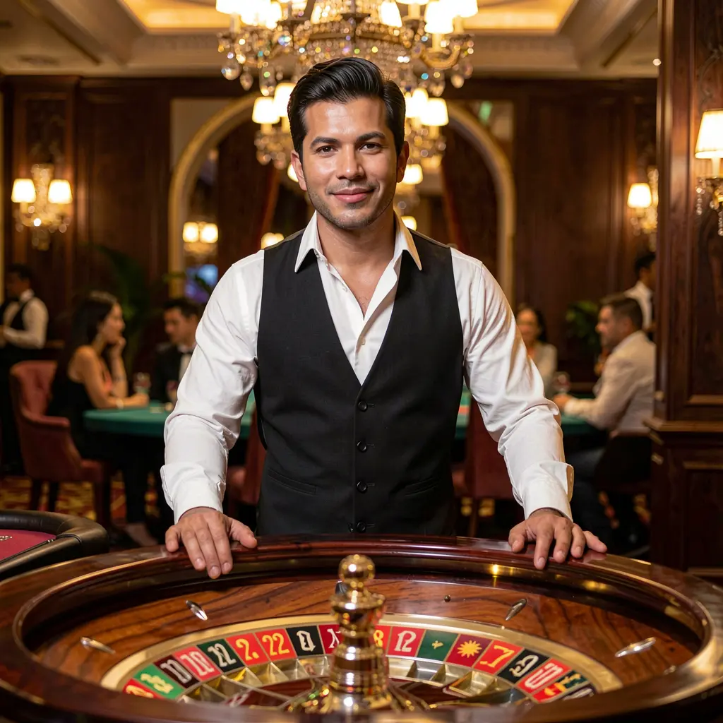 MYVO – Discover thrilling live roulette action made for players in Mexico Modern casino dealer standing at a vibrant roulette table with glowing lights and a confident pose representing the premium live casino experience at MYVO for players in Mexico