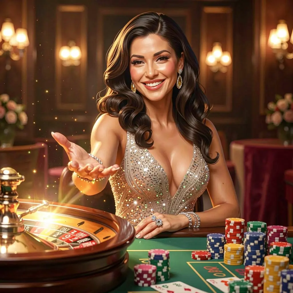 MYVO Login – Enter a premium online casino experience designed for Mexico Confident Mexican casino hostess inviting players to log in with glowing roulette visuals and premium gaming atmosphere at MYVO in Mexico